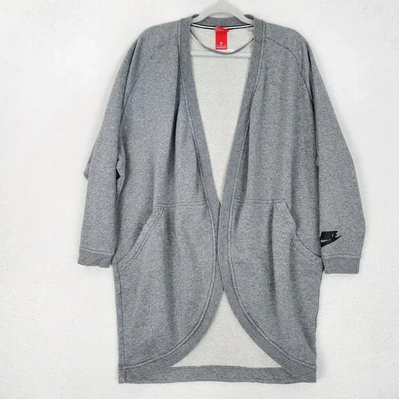 Nike Sweater Womens Large Gray Open Front Cardigan Sweatshirt Long Line Casual - Picture 1 of 14